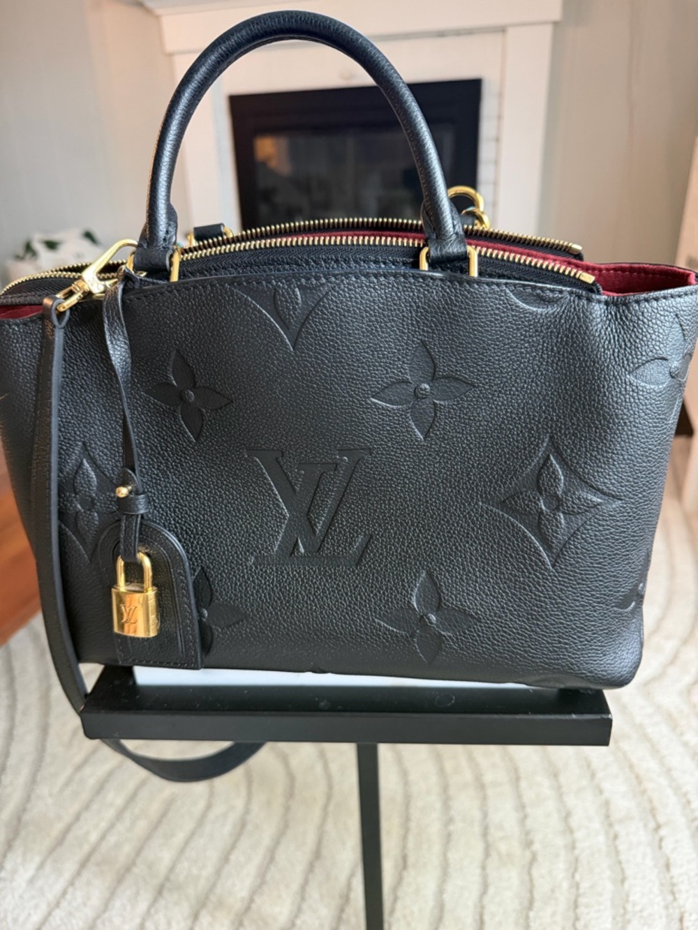 Louis Vuitton Black Embossed Leather Satchel with Red Interior Trim